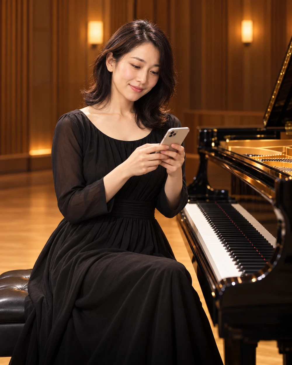ピアノのそばで、演奏の合間にスマホを使う女性ピアニスト